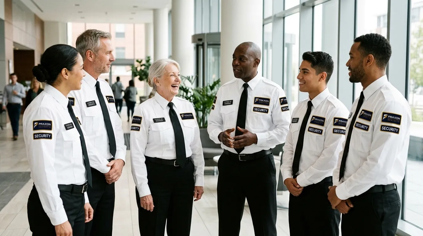 A team of Praxon Security officers in uniform in a bright modern lobby