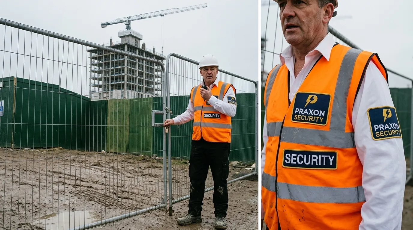 A Praxon officer at the gate of a high-rise construction site