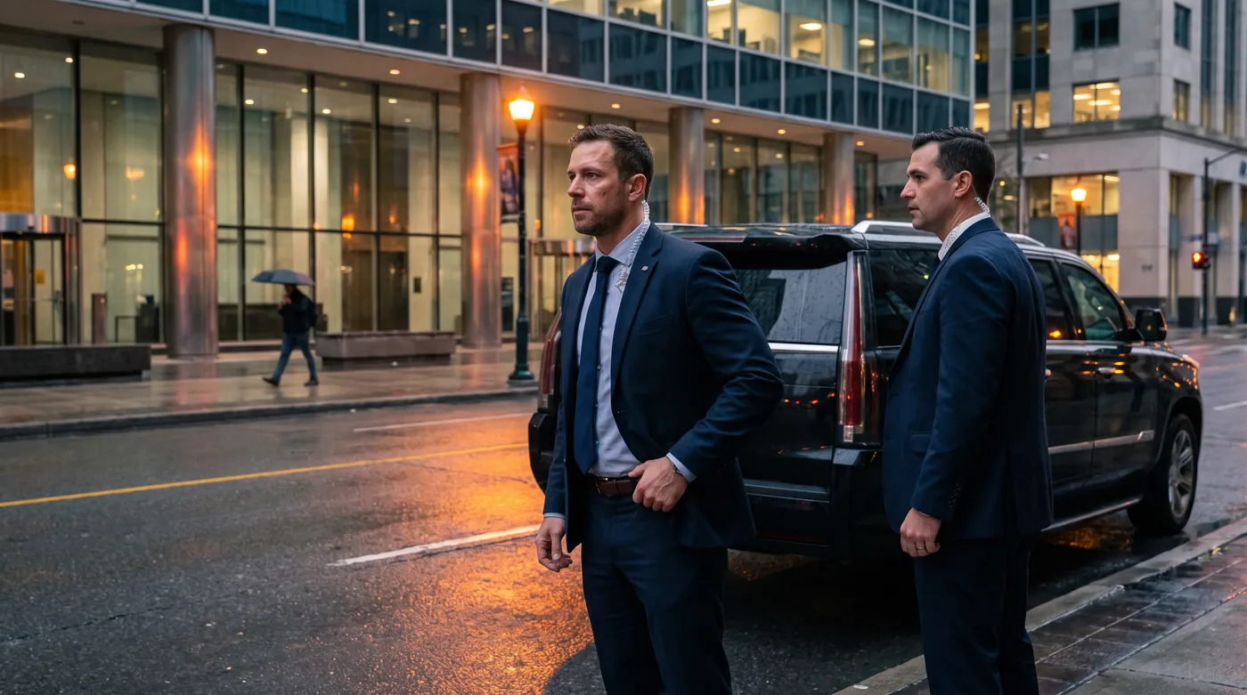 Close protection agents in suits beside a vehicle in downtown Toronto
