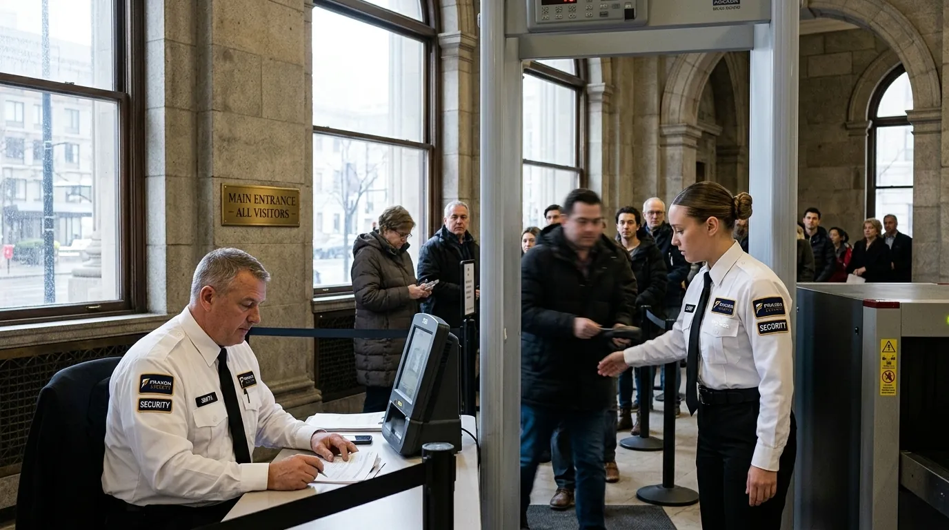 Praxon Security officers staffing a screening point in a government building lobby