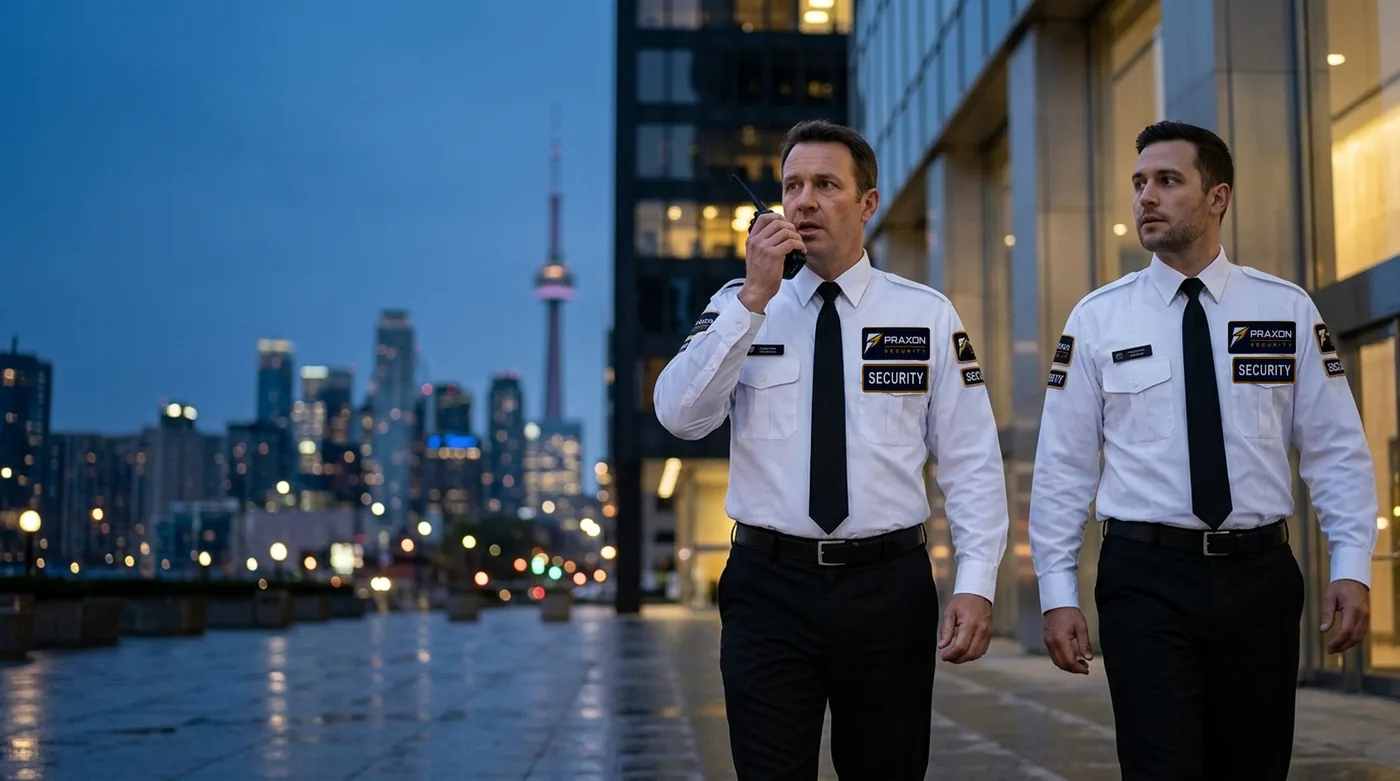 Praxon Security officers walking across a downtown Toronto forecourt at dusk