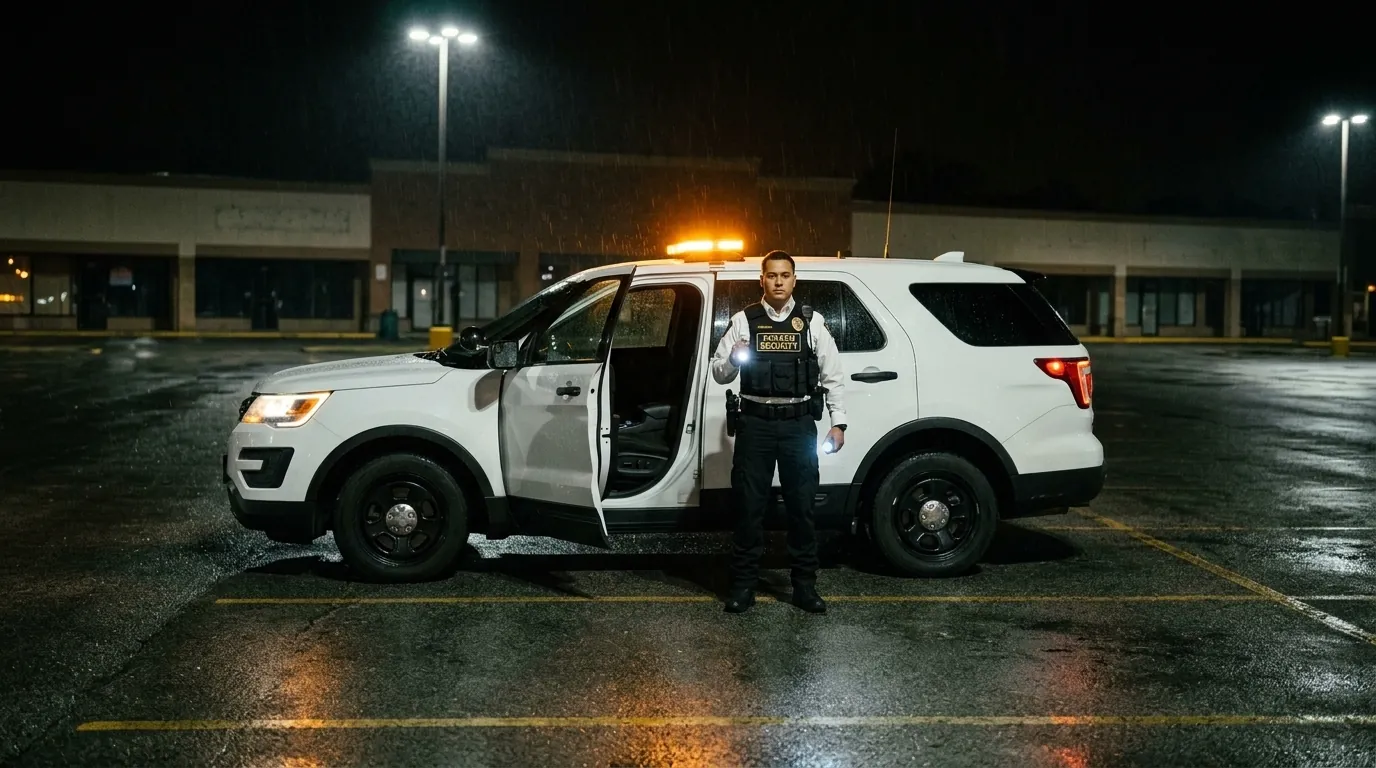 A marked Praxon patrol vehicle at a commercial plaza at night