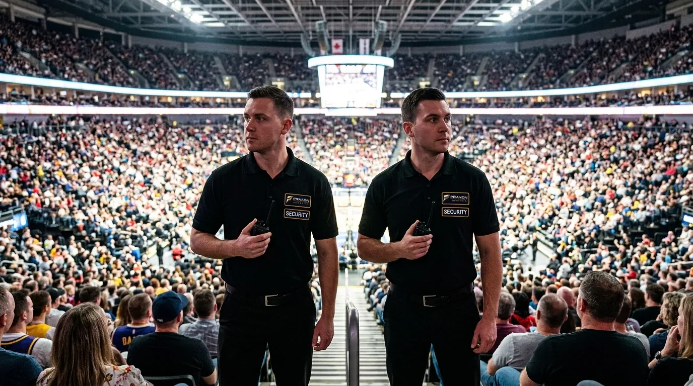 Praxon officers watching the crowd inside a packed sports arena